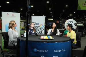 Kaslin Fields, manager at Google Cloud, Amie Wei, the GKE Hackathon Winner, and Shubhika Taneja, manager at Google Cloud, spoke with theCUBE about the hackathon during KubeCon NA.