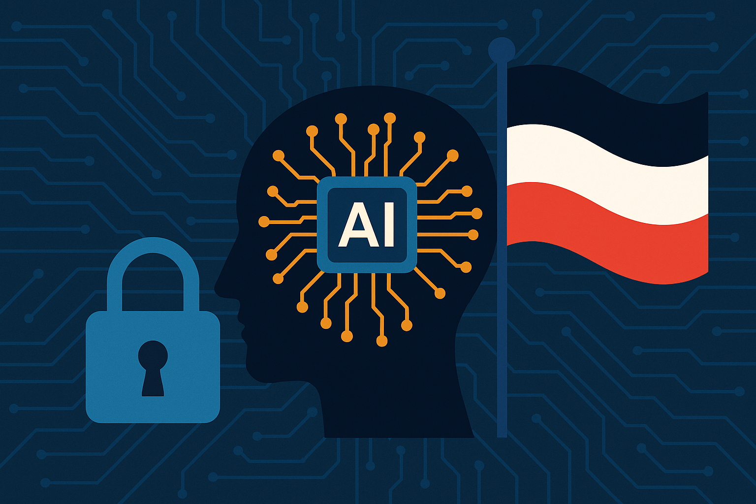 Digital illustration of sovereign AI, featuring a human head with circuit patterns, a glowing shield and padlock, and a cloud icon, all set in a sleek, futuristic tech landscape.